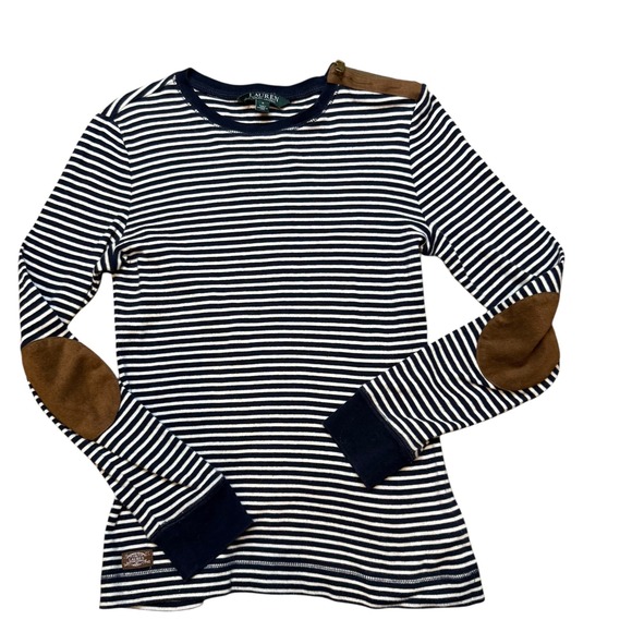 Lauren Ralph Lauren Striped Elbow Patch Long Sleeve Top Size S - Picture 1 of 8